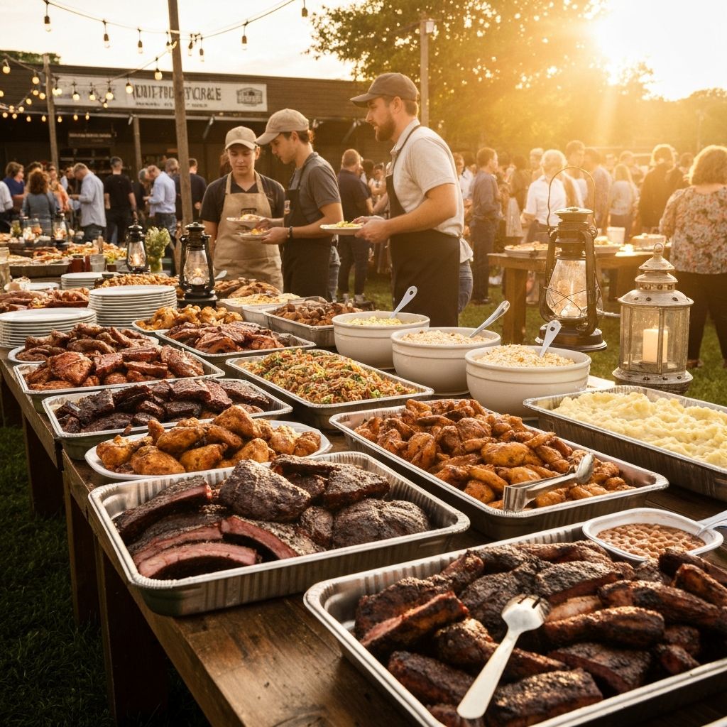 Hud's Smokehouse BBQ catering spread at an outdoor event
